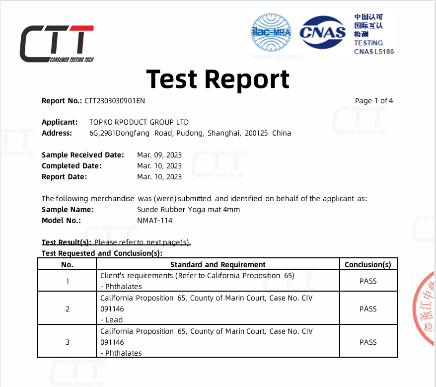 California Proposition 65 Suede Rubber Yoga Mat Test Report