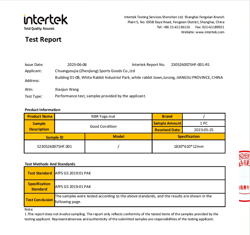 REACH PAHs Intertek Report for NBR Yoga Mat